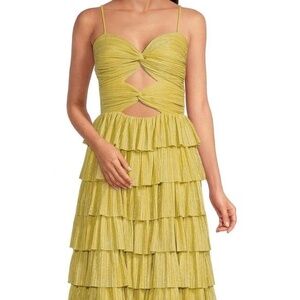 Gianni Bini Grace Metallic Plisse Sweetheart Neck Cut-Out Tiered Dress
